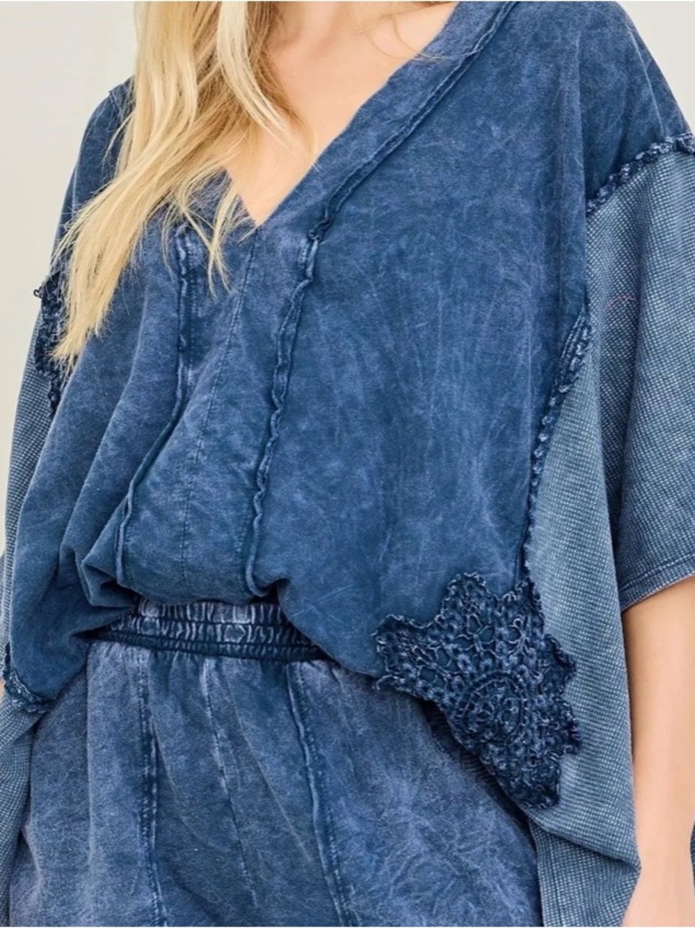 J·HER Navy Mineral Wash Boho Top with Crochet Appliqué